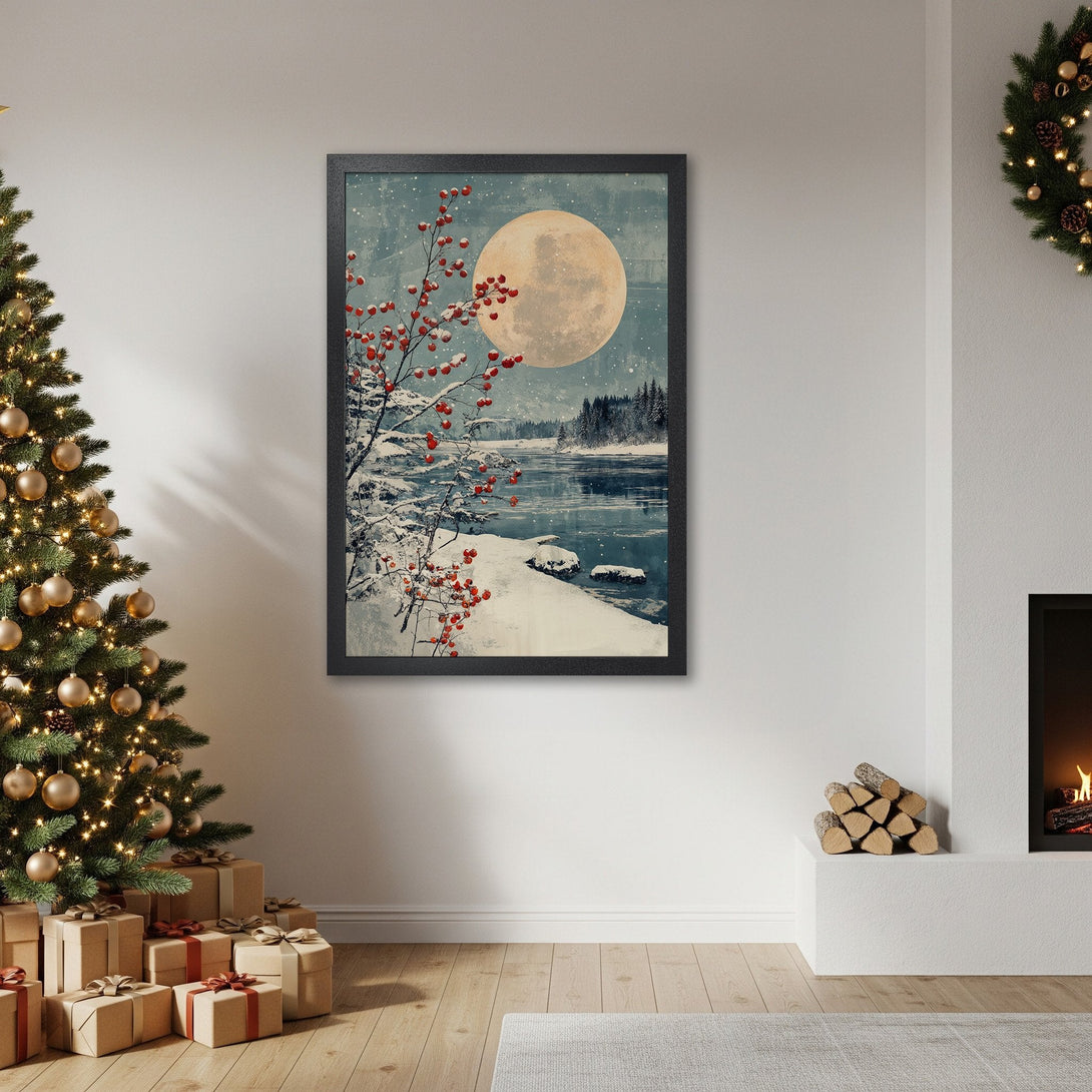 Framed Poster featuring a winter landscape with a full moon. Vintage style art with a blue, white, and red color palette. Perfect holiday decor!