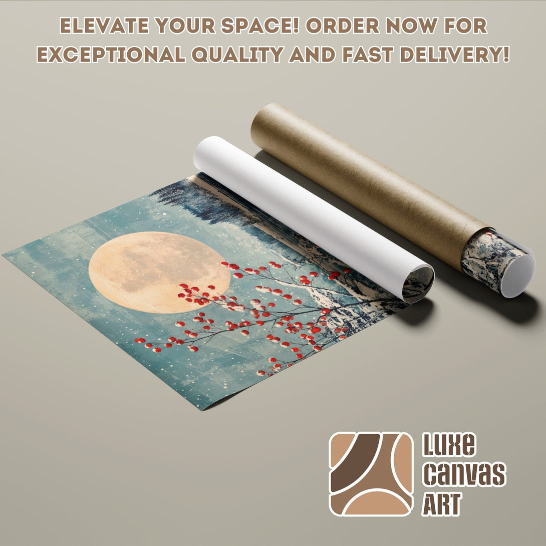 Poster Roll featuring a winter landscape with a moon, in a vintage style with blue and red tones.
