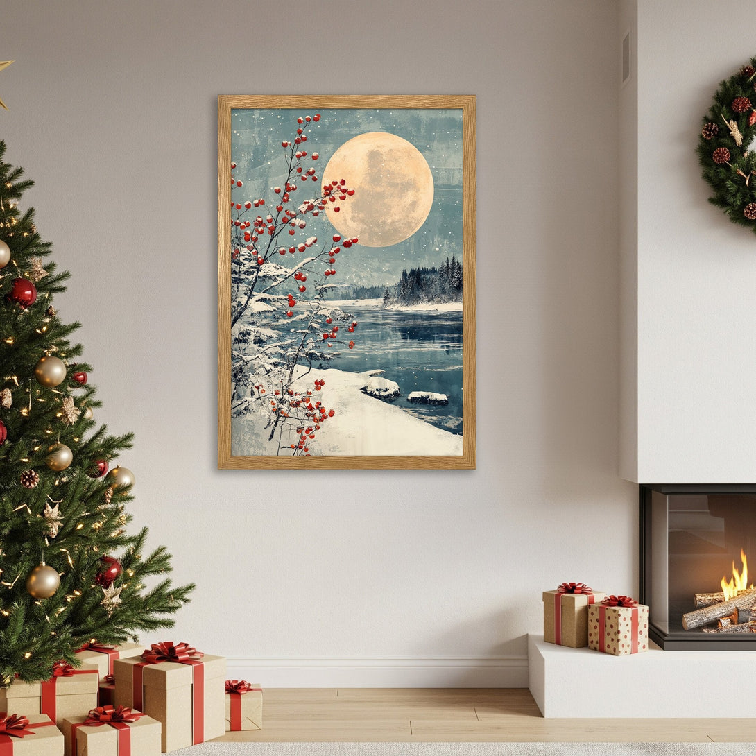 Framed Poster featuring a winter landscape with a full moon, red berries, and snow. Soft blue and beige color palette. Perfect wall decor.