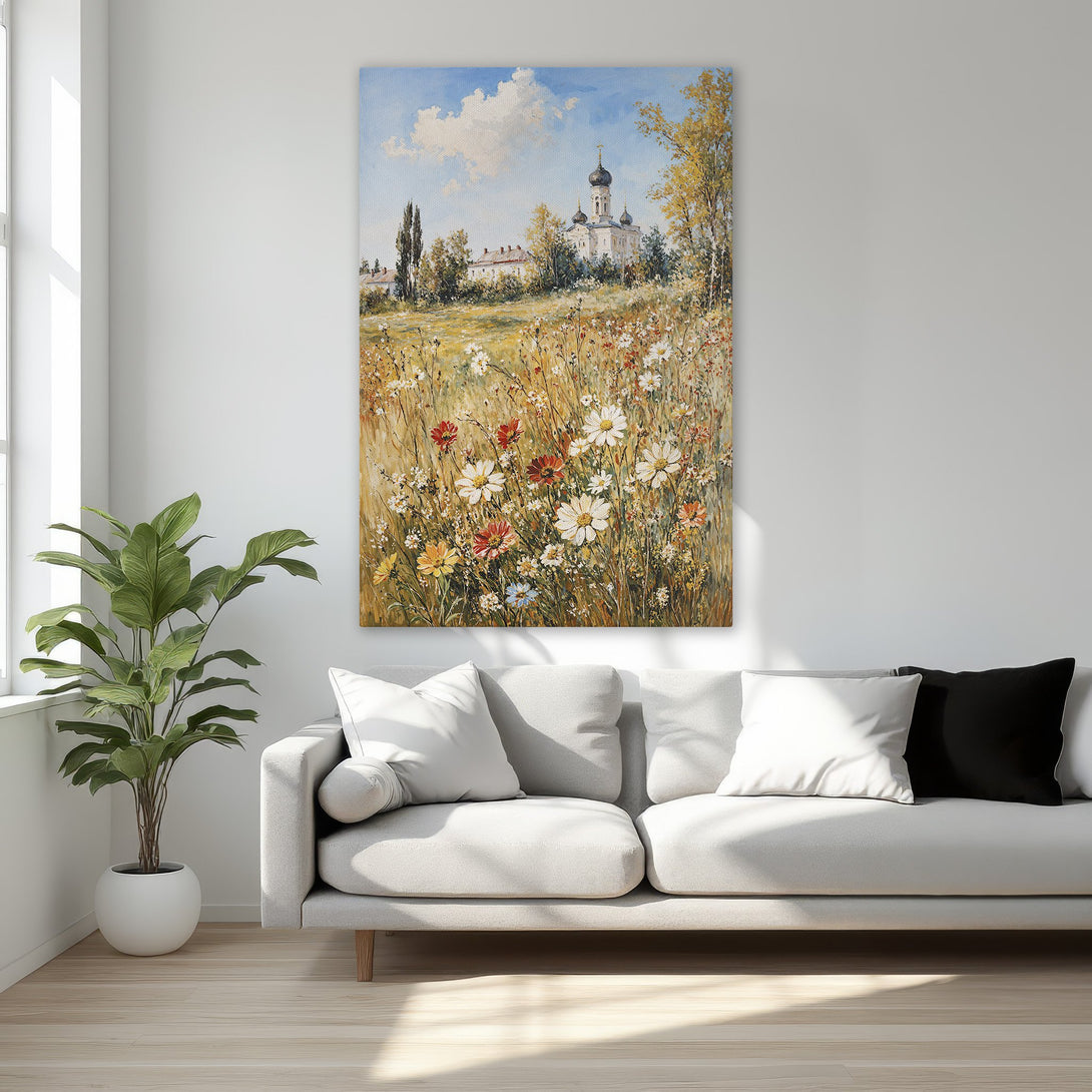Framed Wall Art: Impressionist landscape Canvas Print with wildflowers & church, warm color palette, adds elegance to any room.