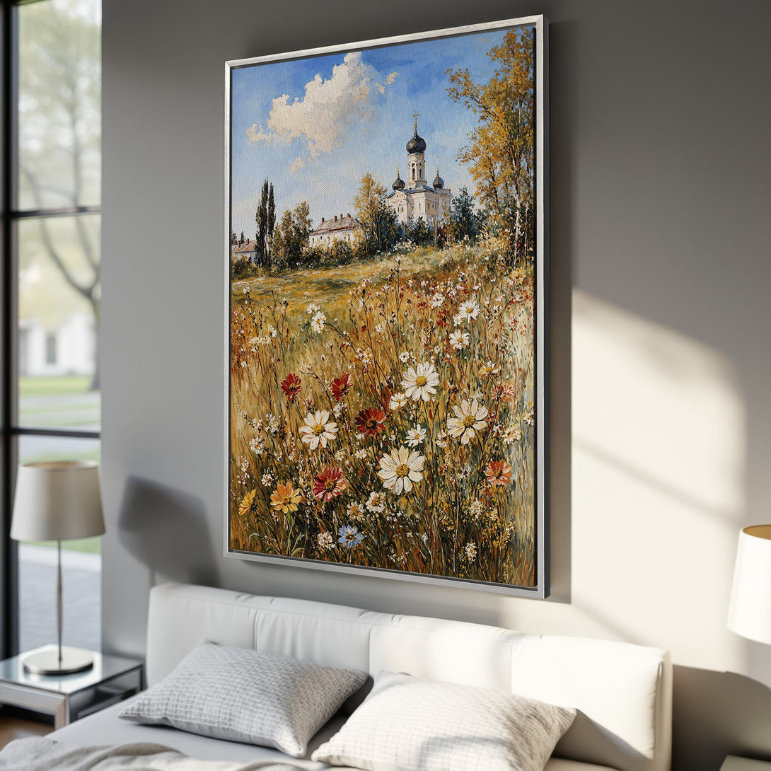 Framed Wall Art: Impressionist landscape Canvas Print with church, wildflowers, and warm, earthy tones. Perfect for adding a touch of nature to your home decor.