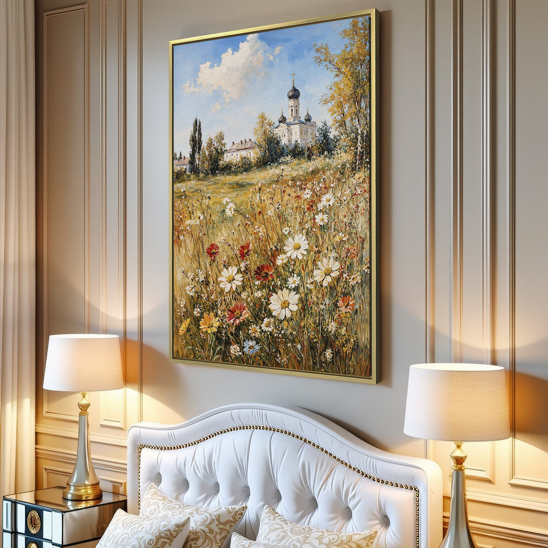 Canvas Print of a serene landscape painting with a church, wildflowers, and a warm, natural color palette. Perfect for adding art to your space.