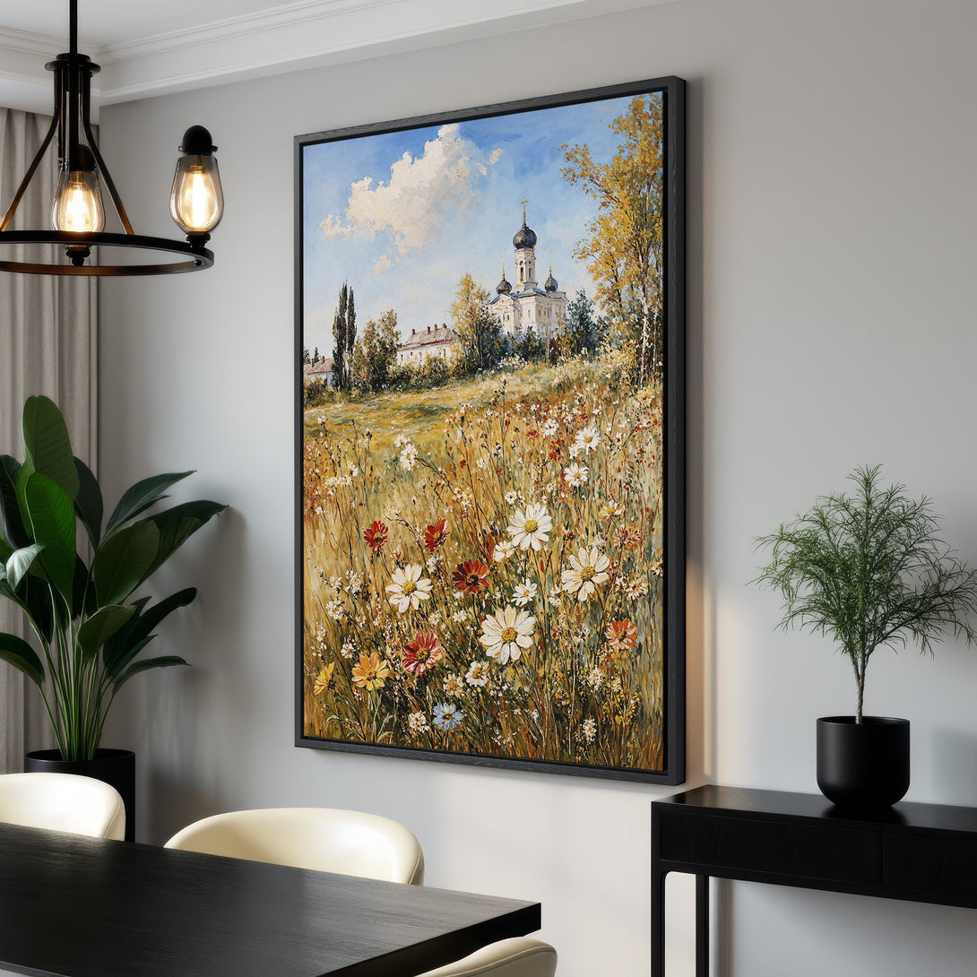 Framed Wall Art: Impressionist landscape Canvas Print with a church, wildflowers, and a warm, earthy color palette. Perfect for adding art to your home!