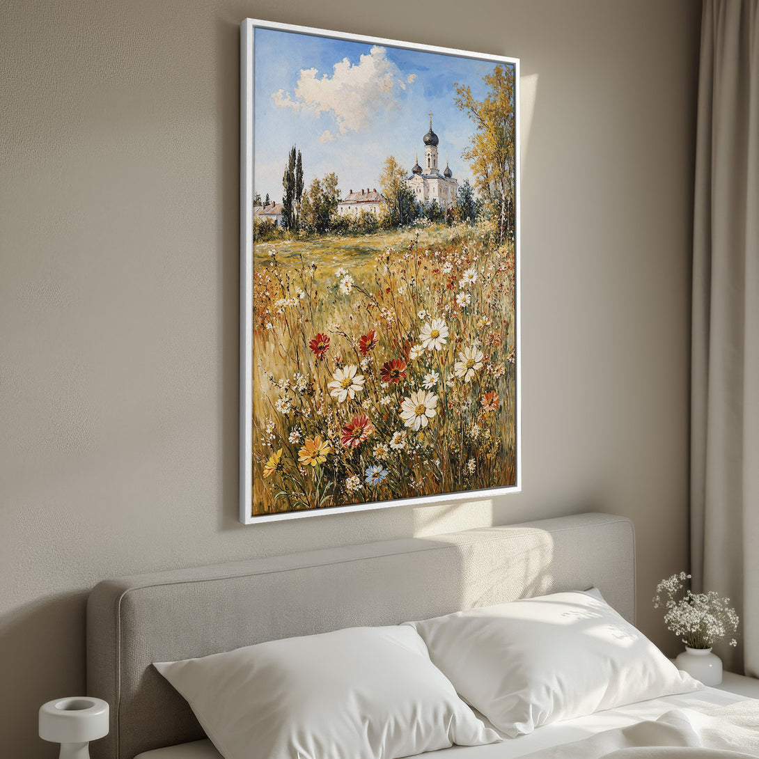 Framed Wall Art: Impressionist landscape Canvas Print with a church, field of flowers, and a warm, inviting color palette. Perfect for bedroom decor!
