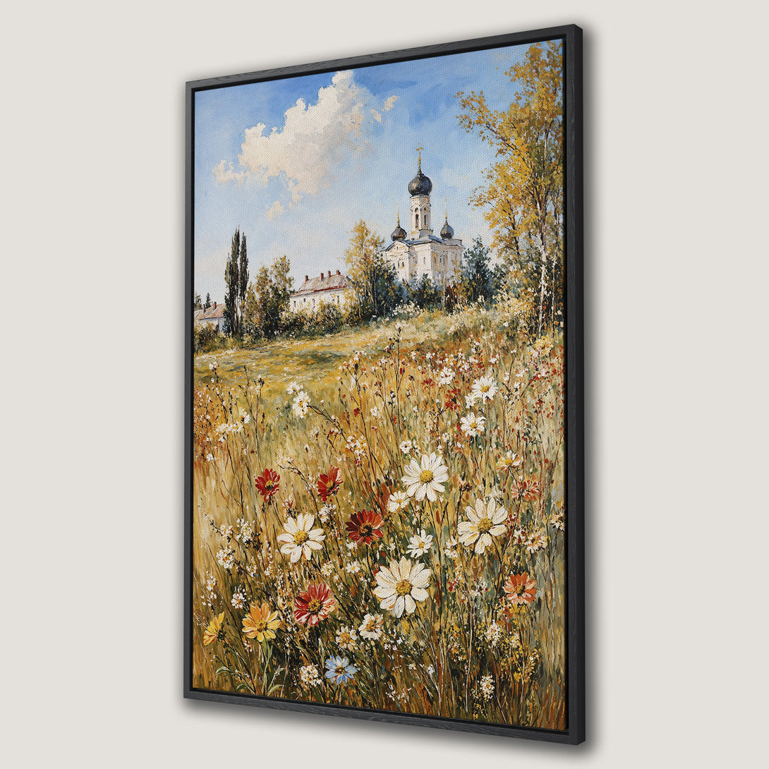 Framed Wall Art: Impressionist landscape Canvas Print featuring a church, wildflowers, and a warm color palette. Perfect for adding a touch of nature to your decor.