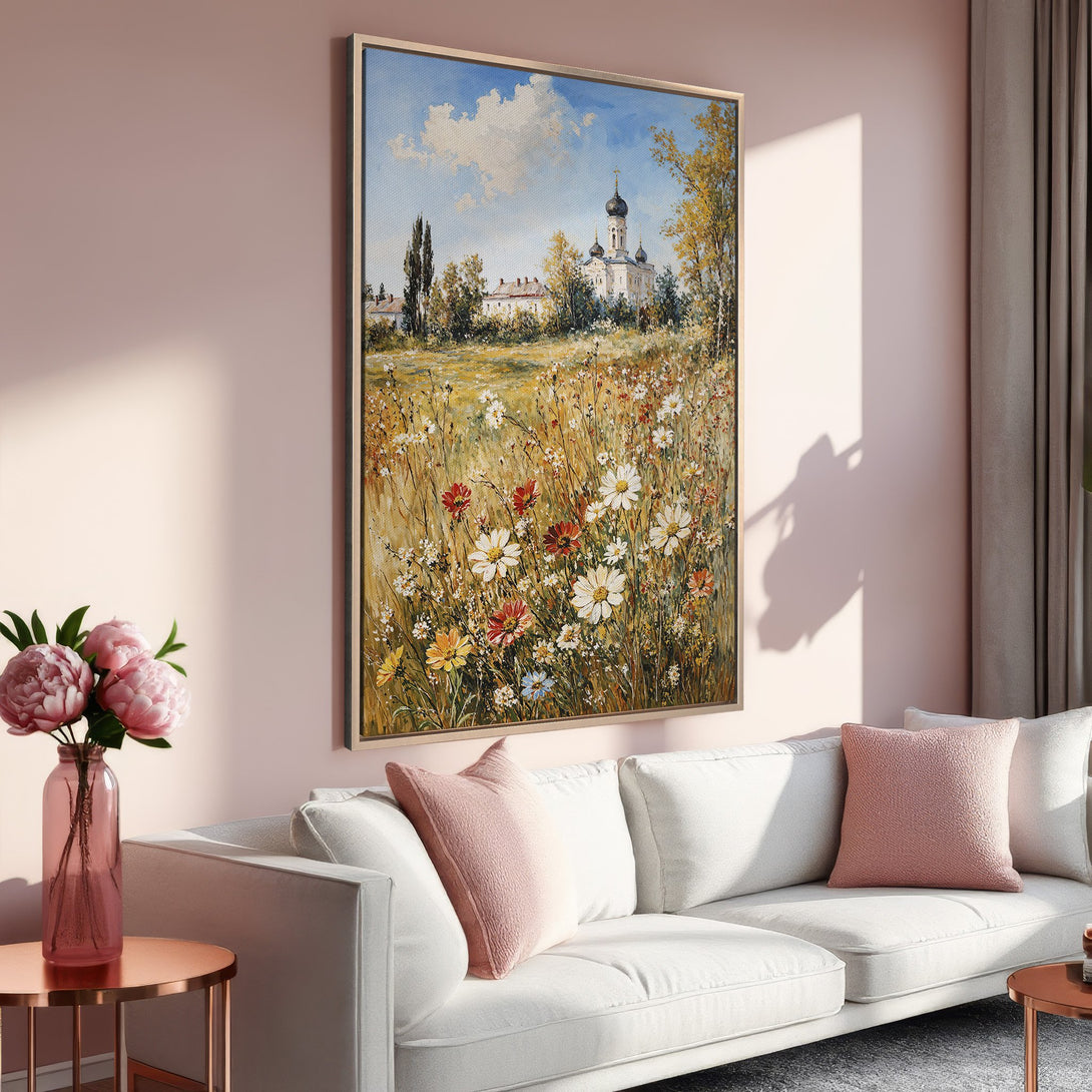 Framed Wall Art: Pastoral landscape Canvas Print with a church, wildflowers, and a warm color palette. Perfect for adding a touch of elegance to your home decor.