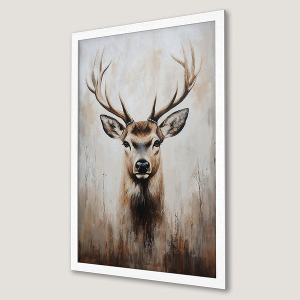 Framed Poster featuring a majestic deer in a painterly style, warm earth tones and neutral palette. Perfect wall art!