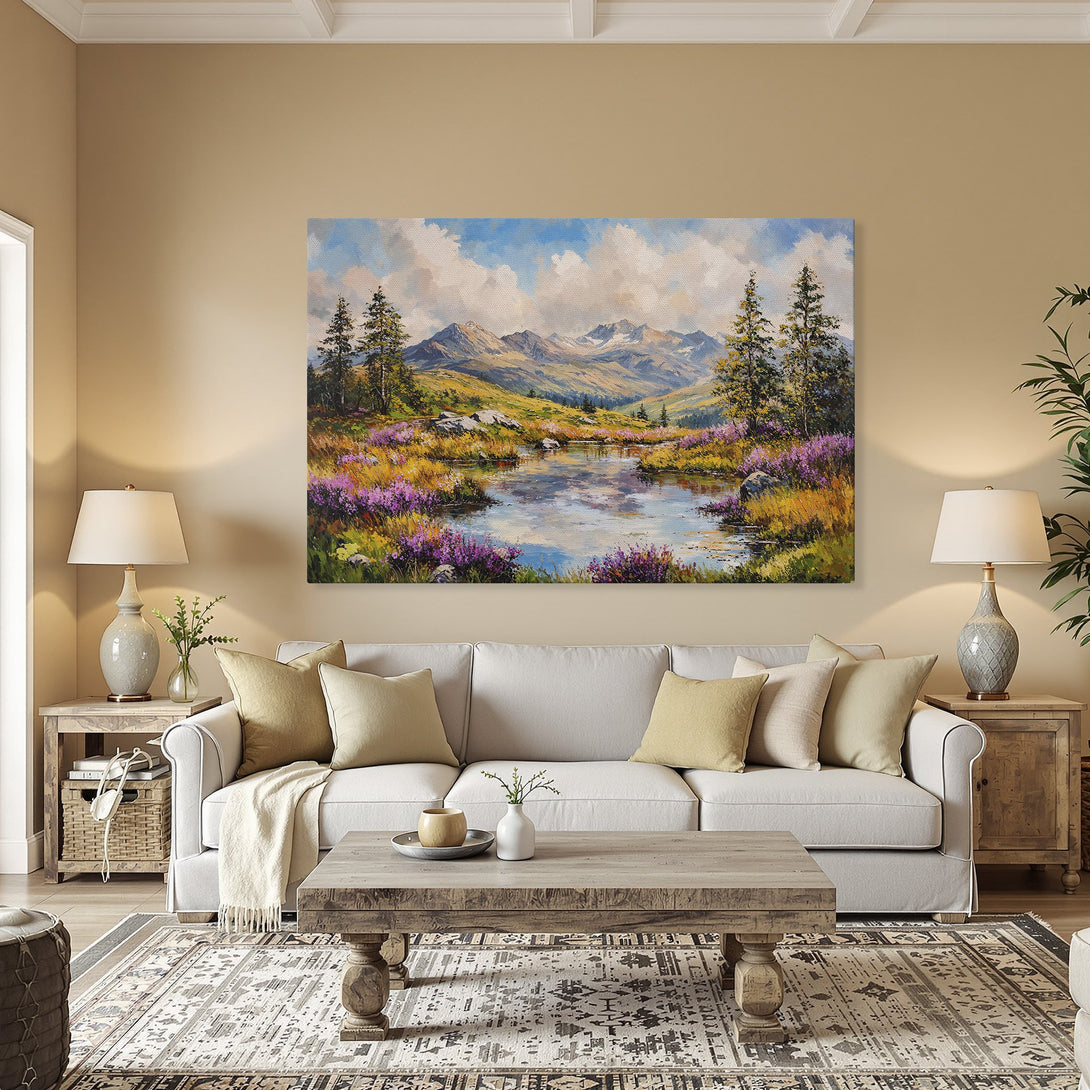 Framed Wall Art: Landscape Canvas Print with mountains, lake, and vibrant colors. Perfect for living rooms and dining rooms. Bring nature indoors!