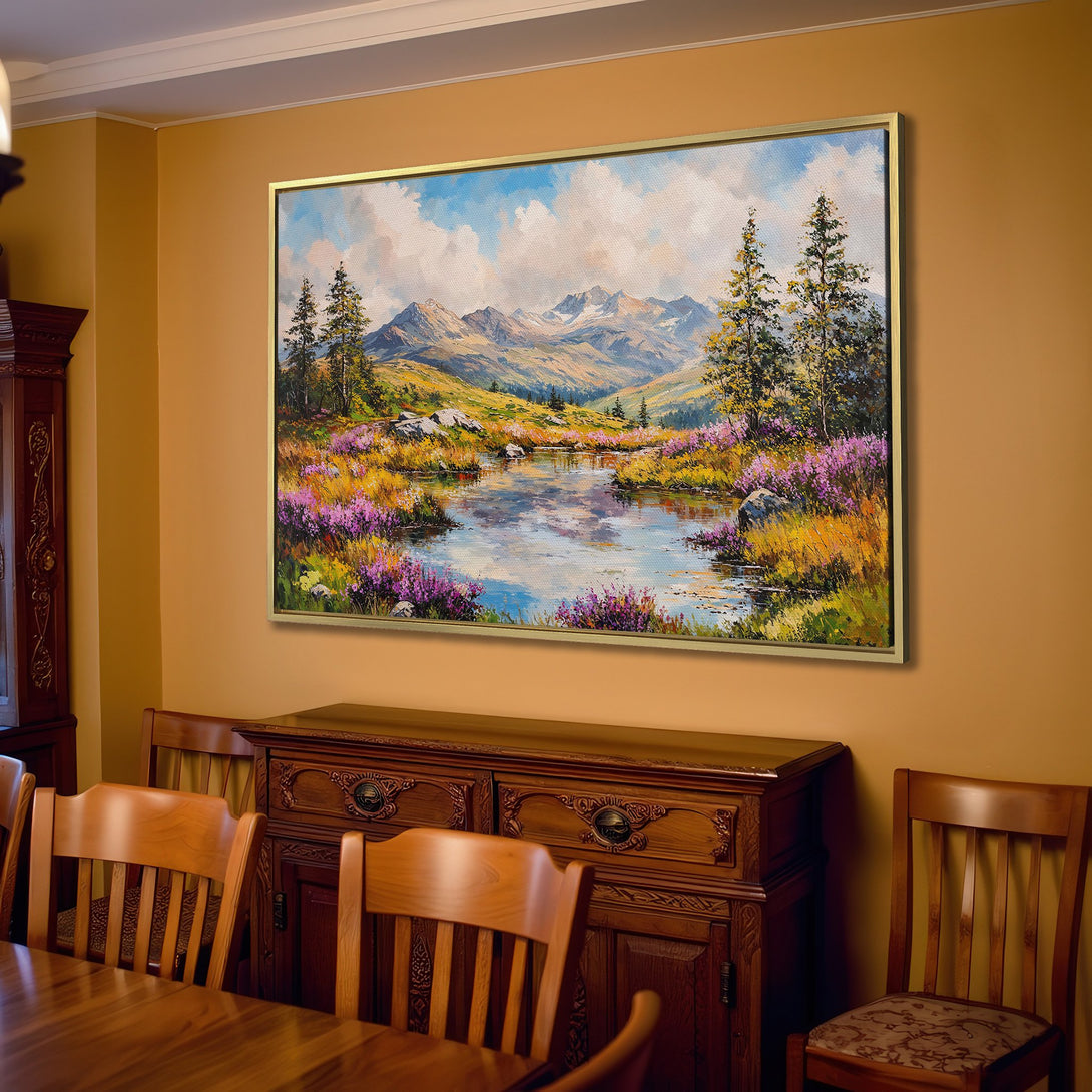 Canvas Print of a vibrant landscape painting with mountains, lake, and colorful wildflowers. Warm, inviting color palette.