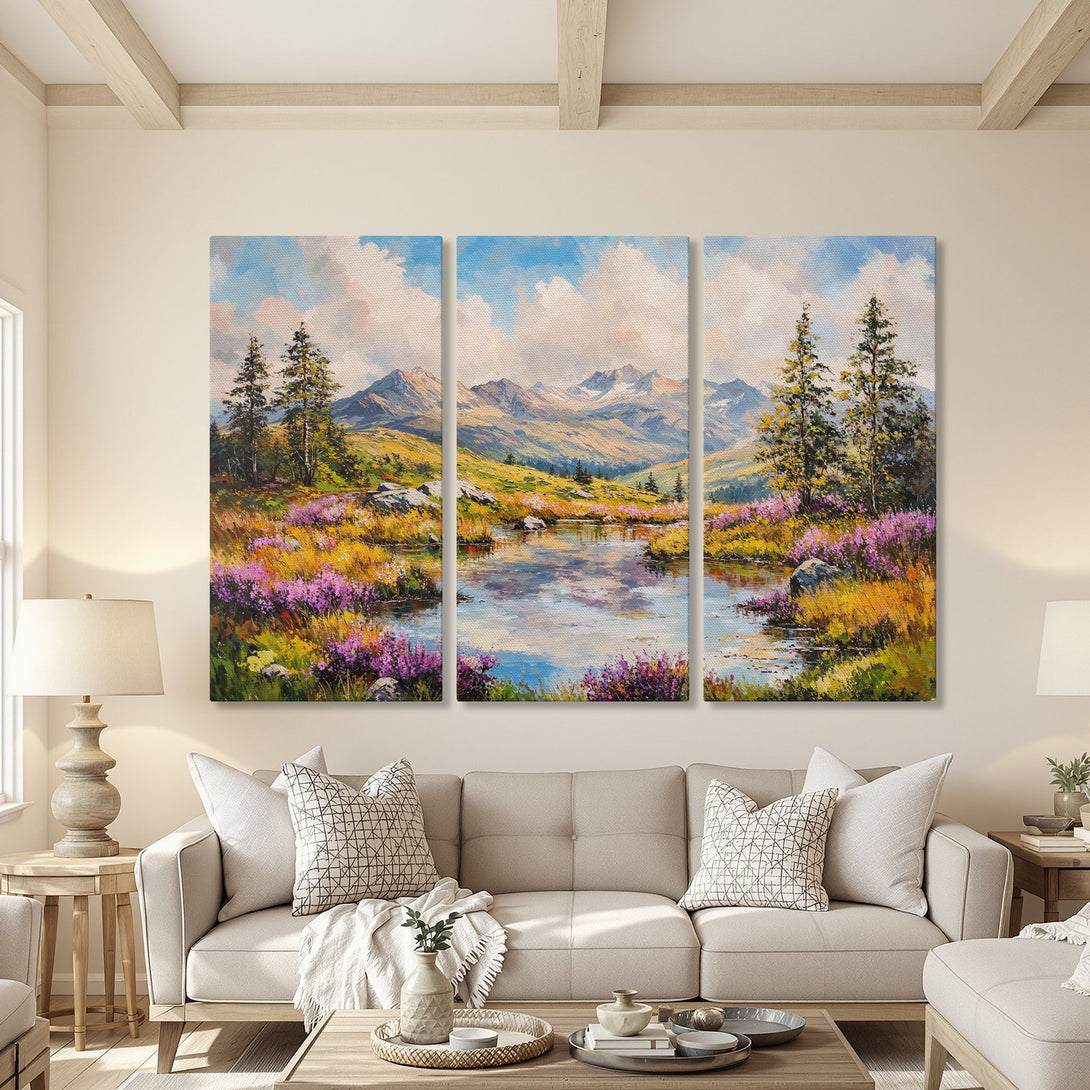 Canvas Print of a vibrant landscape painting with mountains, lake, and colorful wildflowers. Warm, inviting color palette perfect for any room.