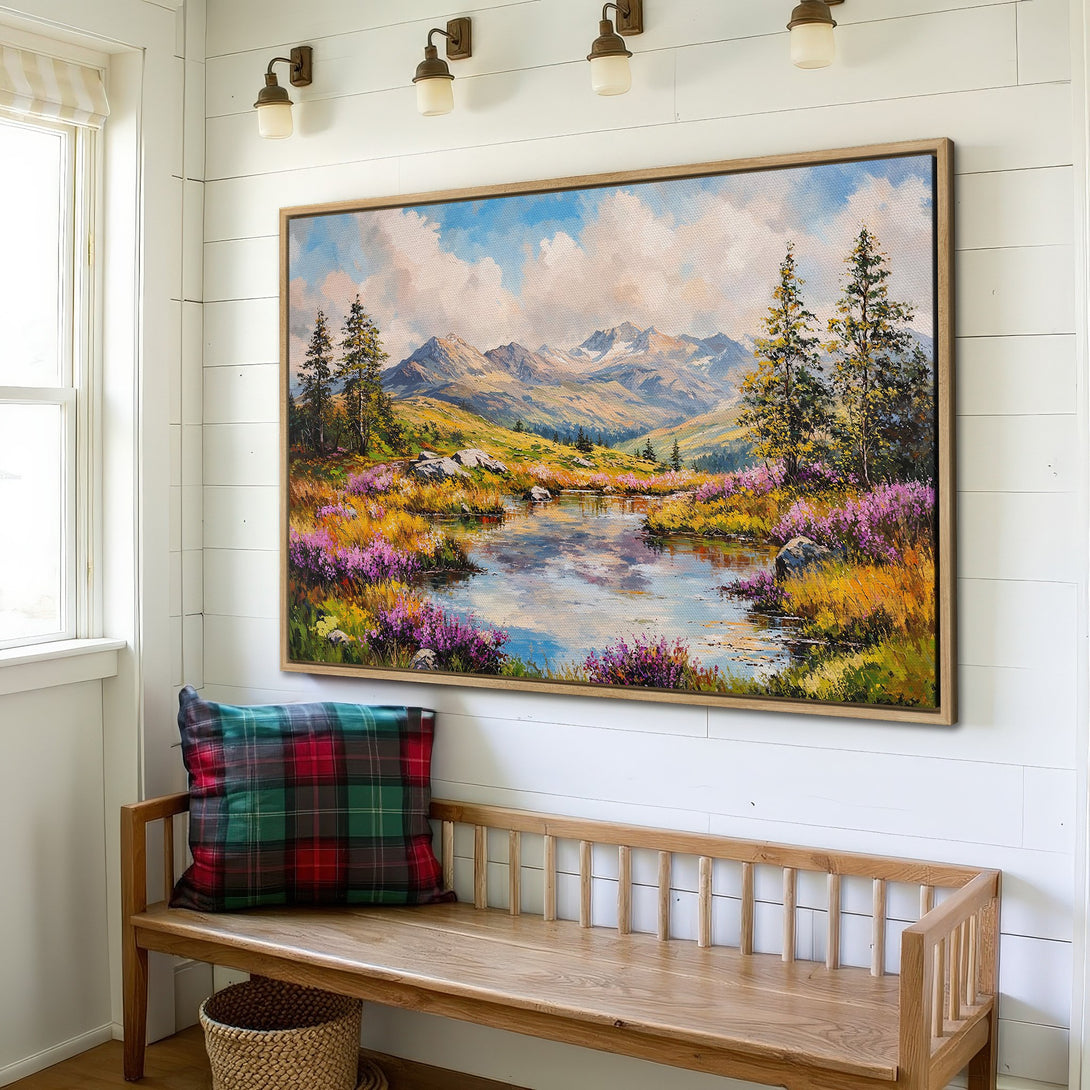 Framed Wall Art: Stunning landscape Canvas Print with mountain scene, vibrant colors. Perfect wall decor for a cozy interior, adding a touch of nature's beauty.