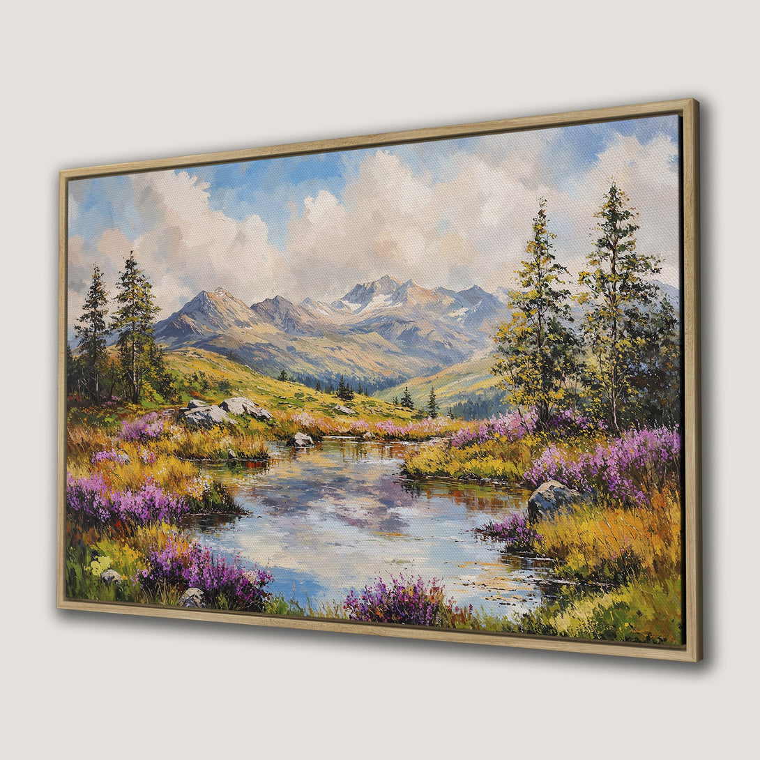 Canvas Print of a mountain landscape painting. Features a vibrant color palette of blues, greens, yellows, and purples. Perfect framed wall art for any room.