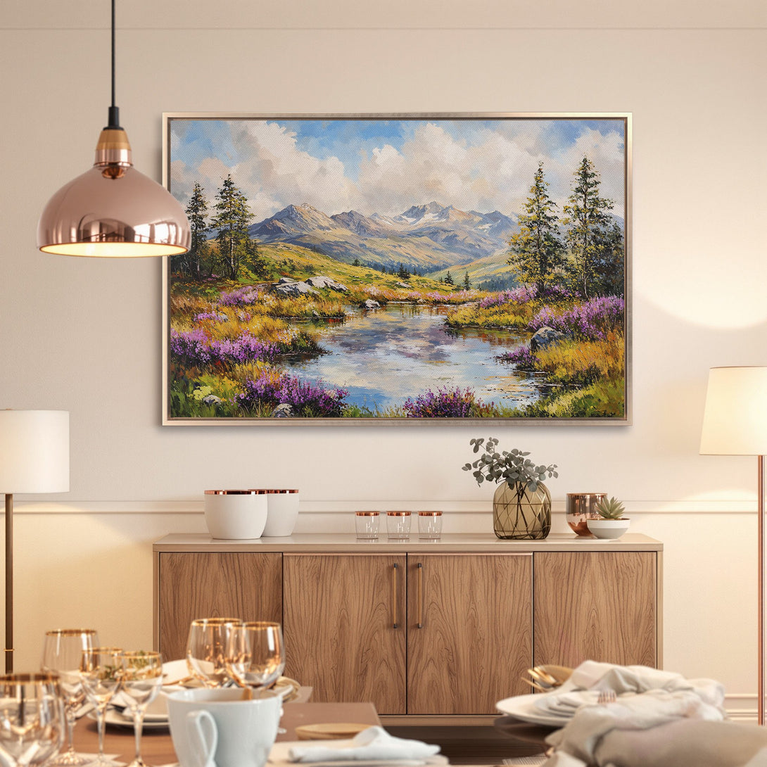 Framed Wall Art: Landscape painting with vibrant blues, greens, and purples. Adds a touch of nature to any room. Shop our Canvas Print collection today!