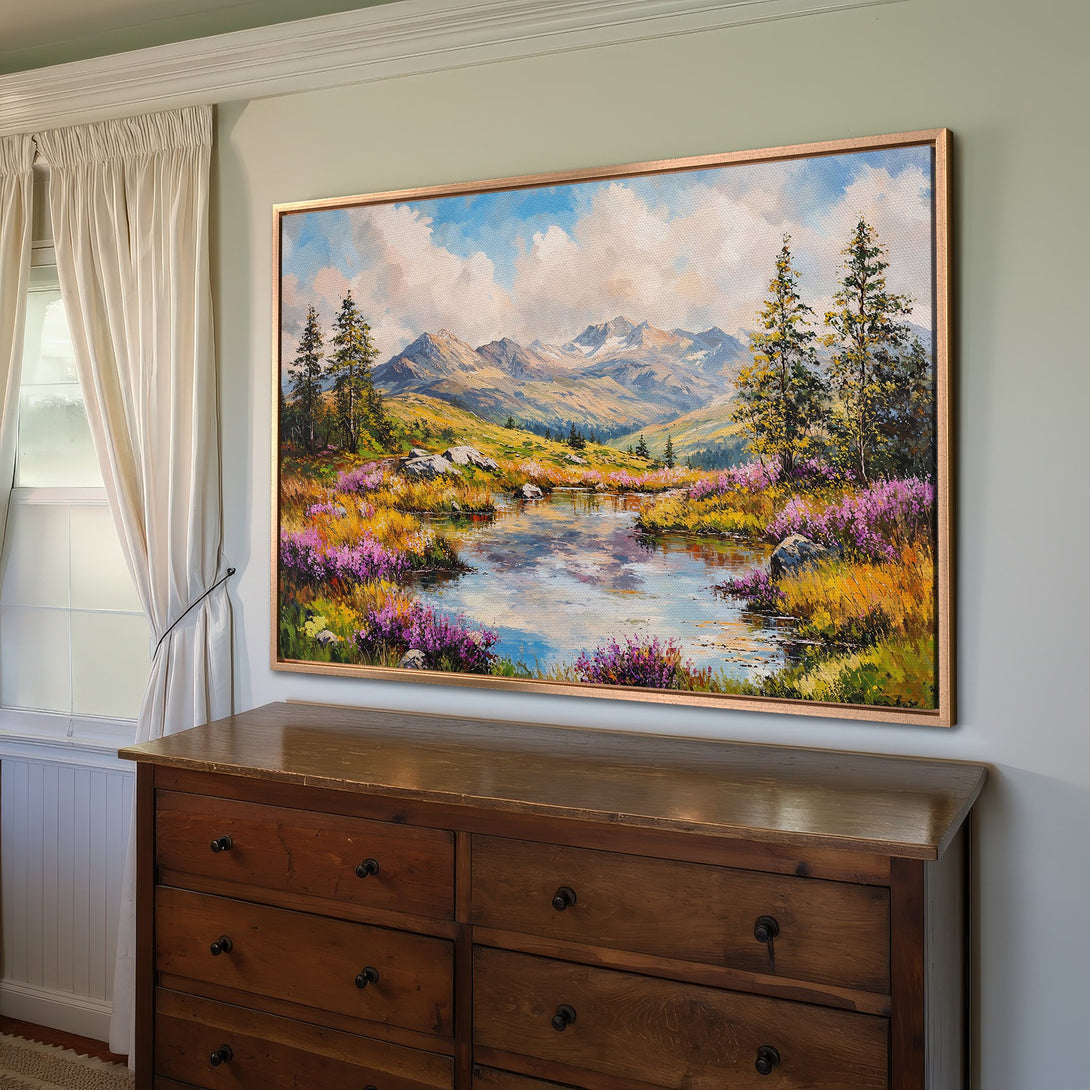 Framed Wall Art: Stunning landscape Canvas Print with mountains, lake, and vibrant colors. Bring nature's beauty into your home!