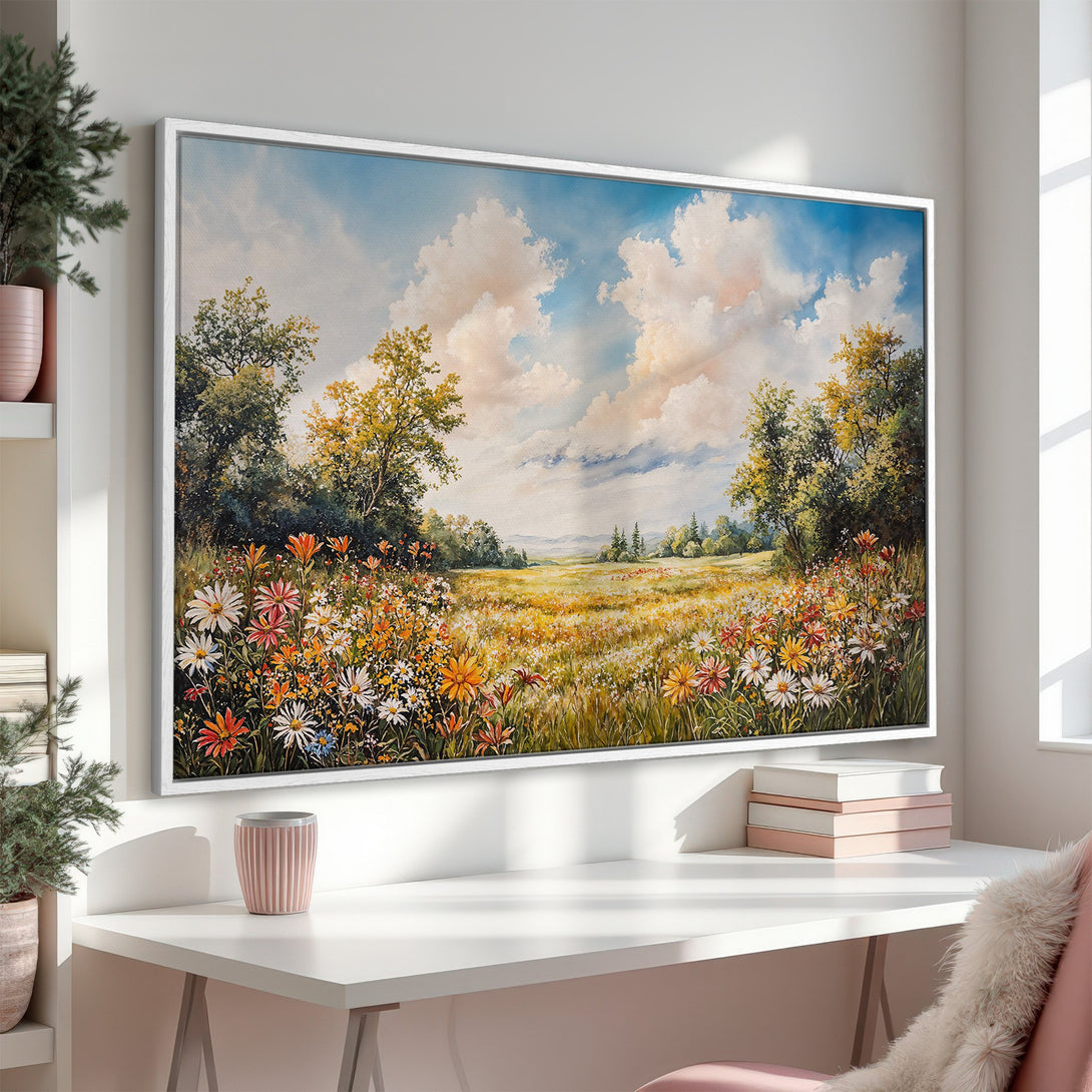 Framed Wall Art: Serene landscape Canvas Print with vibrant wildflowers, blue sky, and warm color palette. Perfect for adding a touch of nature to your space!