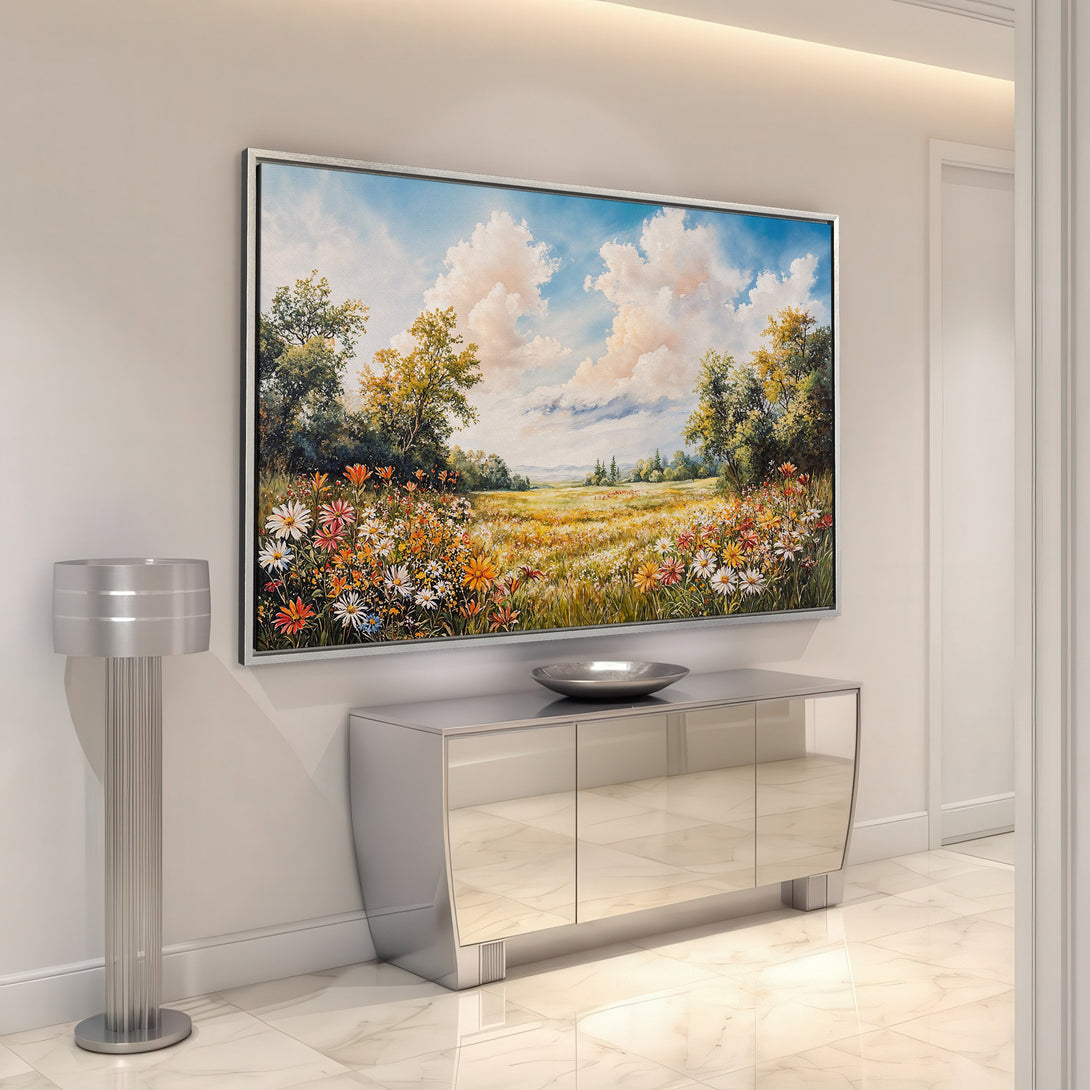 Framed Wall Art: Landscape Canvas Print with colorful wildflowers and sky, perfect for adding a touch of nature to your home decor.