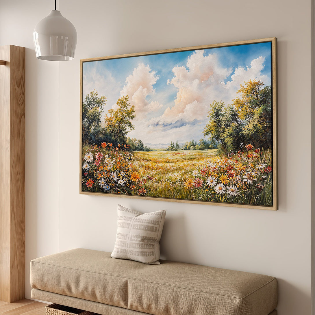 Framed Wall Art of a serene meadow landscape in warm, vibrant colors. Perfect canvas print for adding a touch of nature to your home decor.