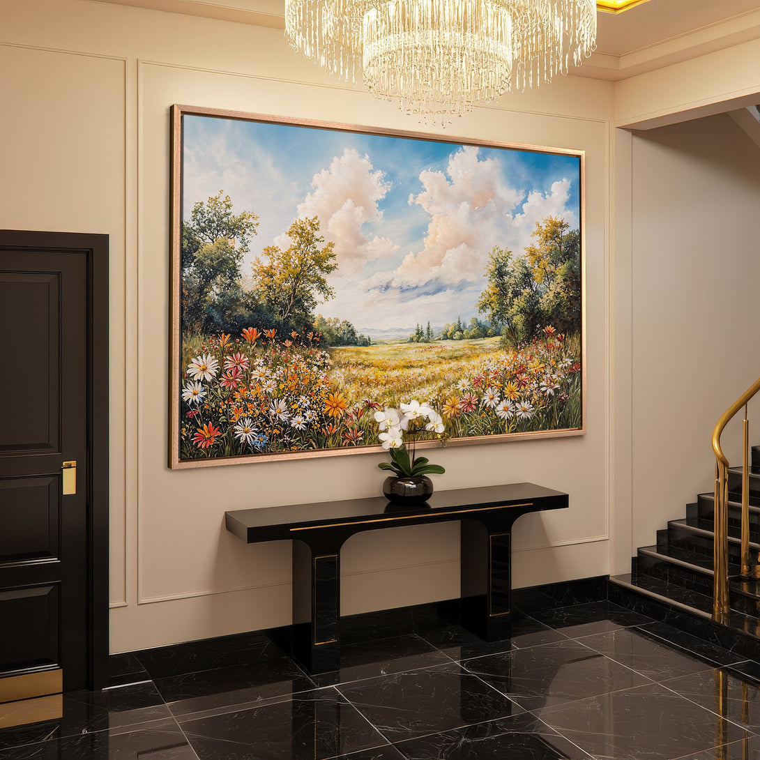 Framed Wall Art: Landscape painting with wildflowers, blue sky, and warm color palette. Perfect for adding elegance to your home decor.