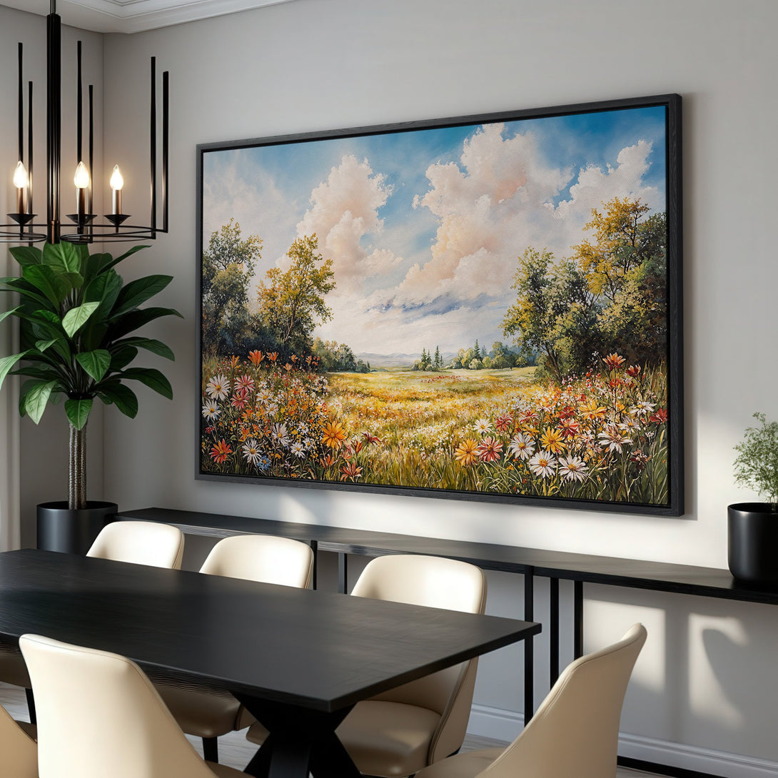 Framed Wall Art: Beautiful landscape Canvas Print featuring a vibrant field of wildflowers, blue sky, and warm, earthy tones. Perfect for adding a touch of nature to your home!
