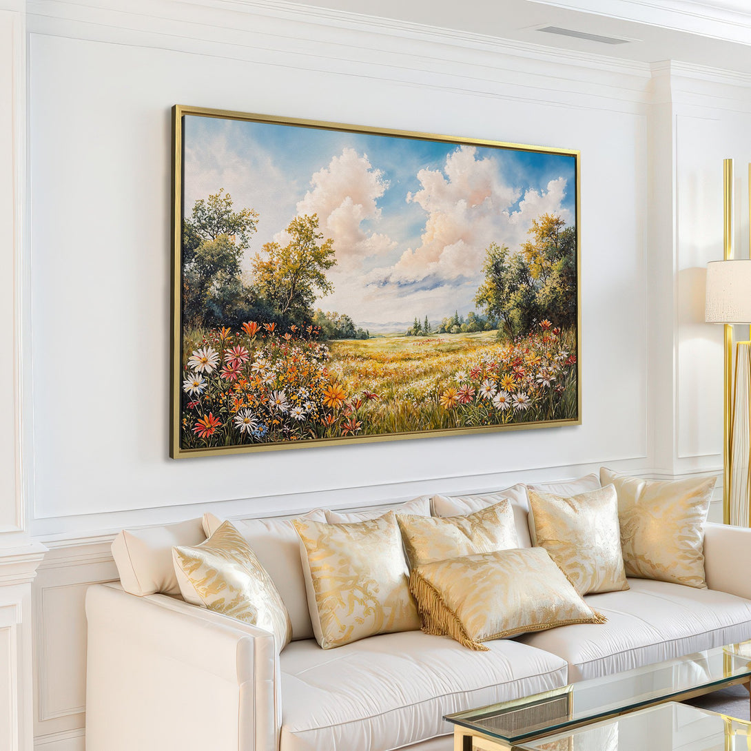 Canvas Print of a serene meadow landscape in a light, airy style. Features a blue sky, colorful wildflowers, and a warm, inviting color palette.