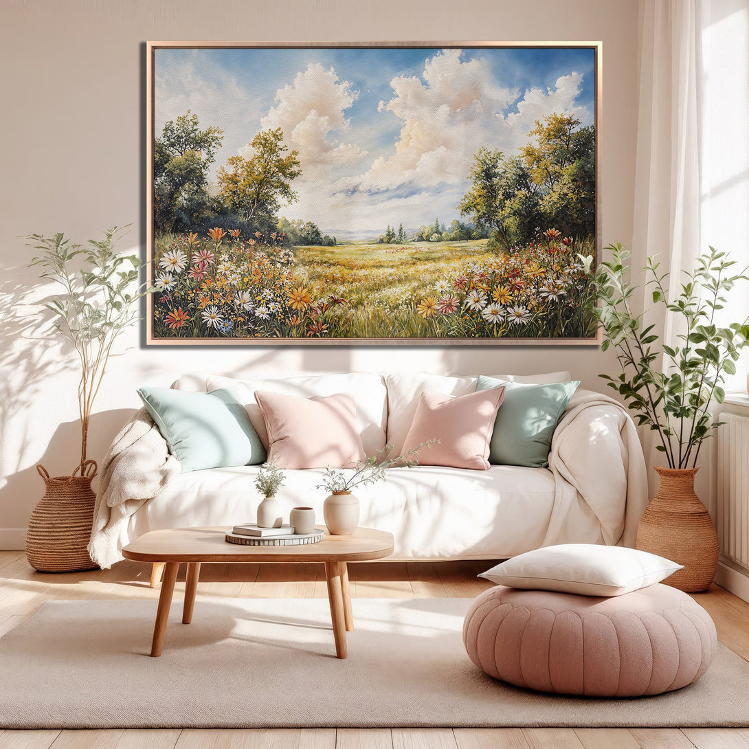 Framed Wall Art: Landscape Canvas Print with a serene meadow scene in warm, inviting colors. Perfect for adding a touch of nature to your living room.