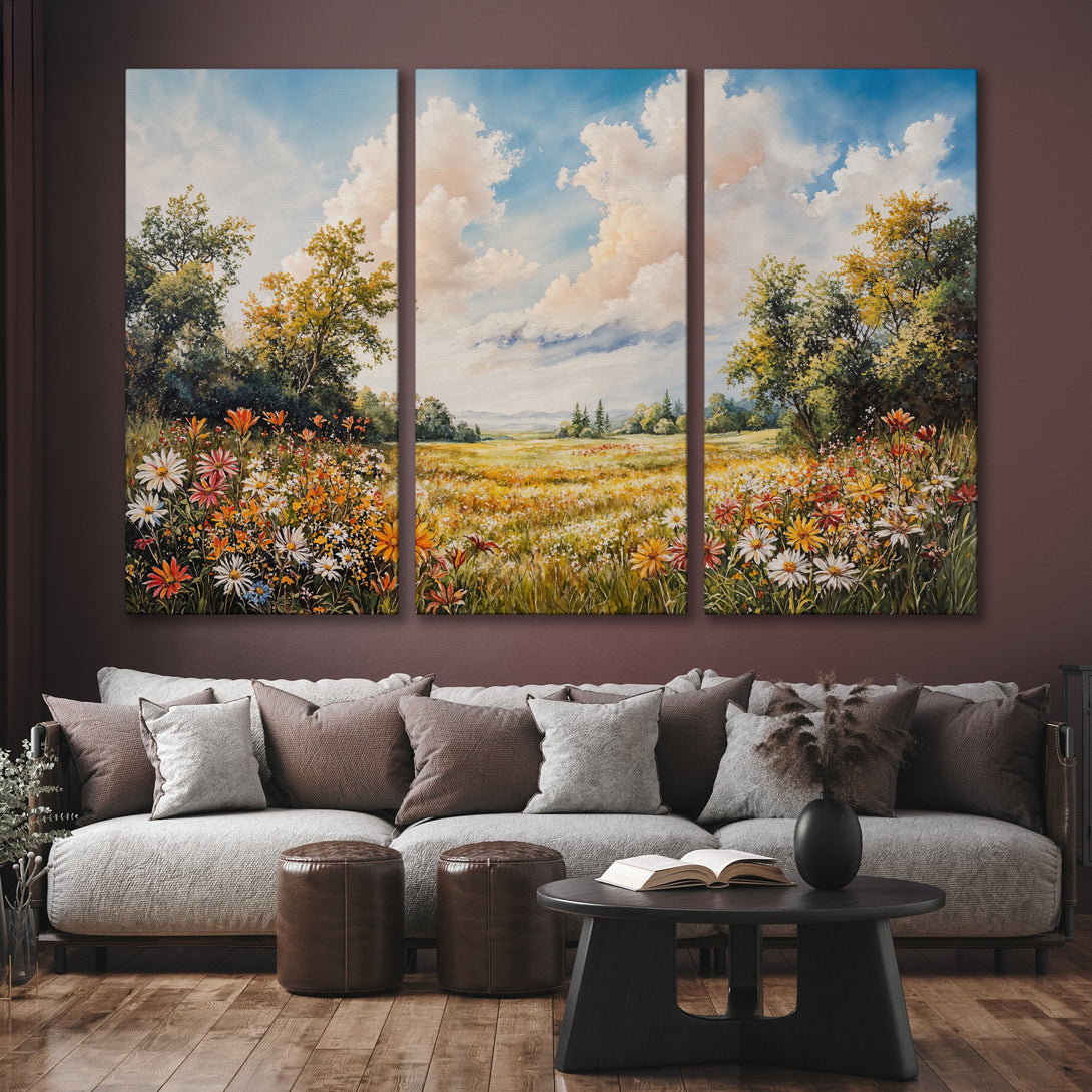 Canvas Print: Stunning landscape art featuring a vibrant meadow and sky in a warm, inviting color palette. Perfect framed wall art for any living space.
