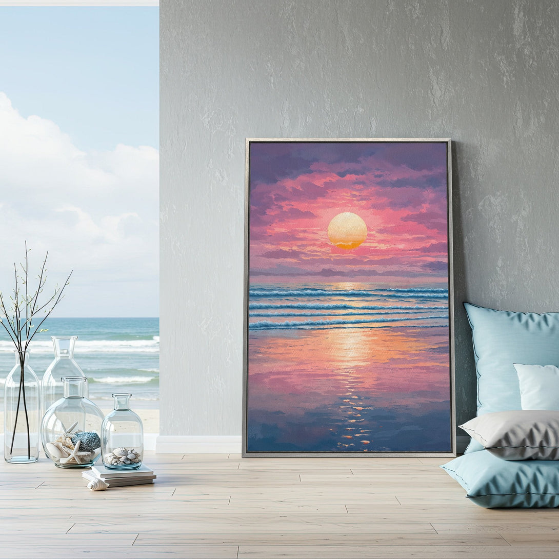 Framed Wall Art of a sunset beach scene in a vibrant pink and orange palette. Coastal decor for a relaxing vibe.