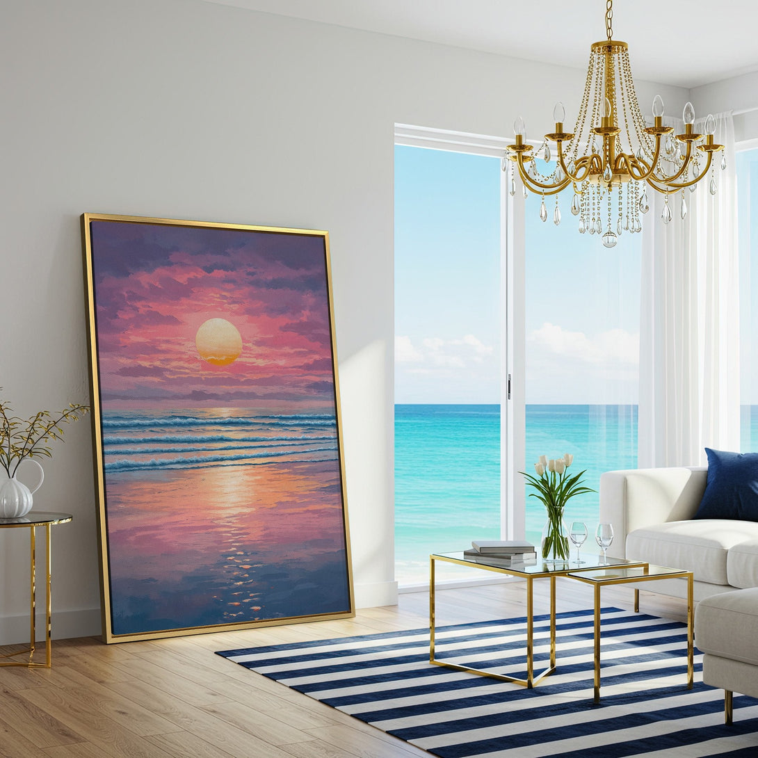 Canvas Print of a sunset over the ocean, showcasing a vibrant pink and orange color palette. Coastal art for a relaxing home.