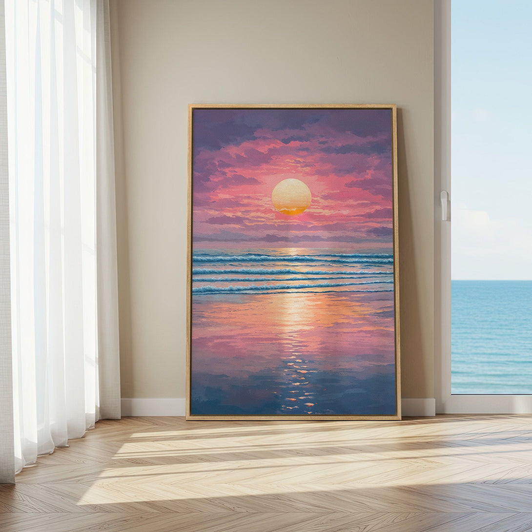 Framed Wall Art: Sunset over ocean canvas print, vibrant pink and blue color palette, perfect for coastal decor and adding a touch of serenity to any space.