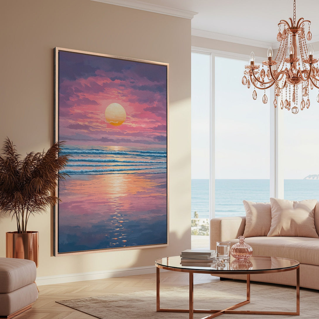 Framed Wall Art: Sunset beach scene in pink and blue hues. Coastal art canvas print adds warmth and style to any living room. Shop now!