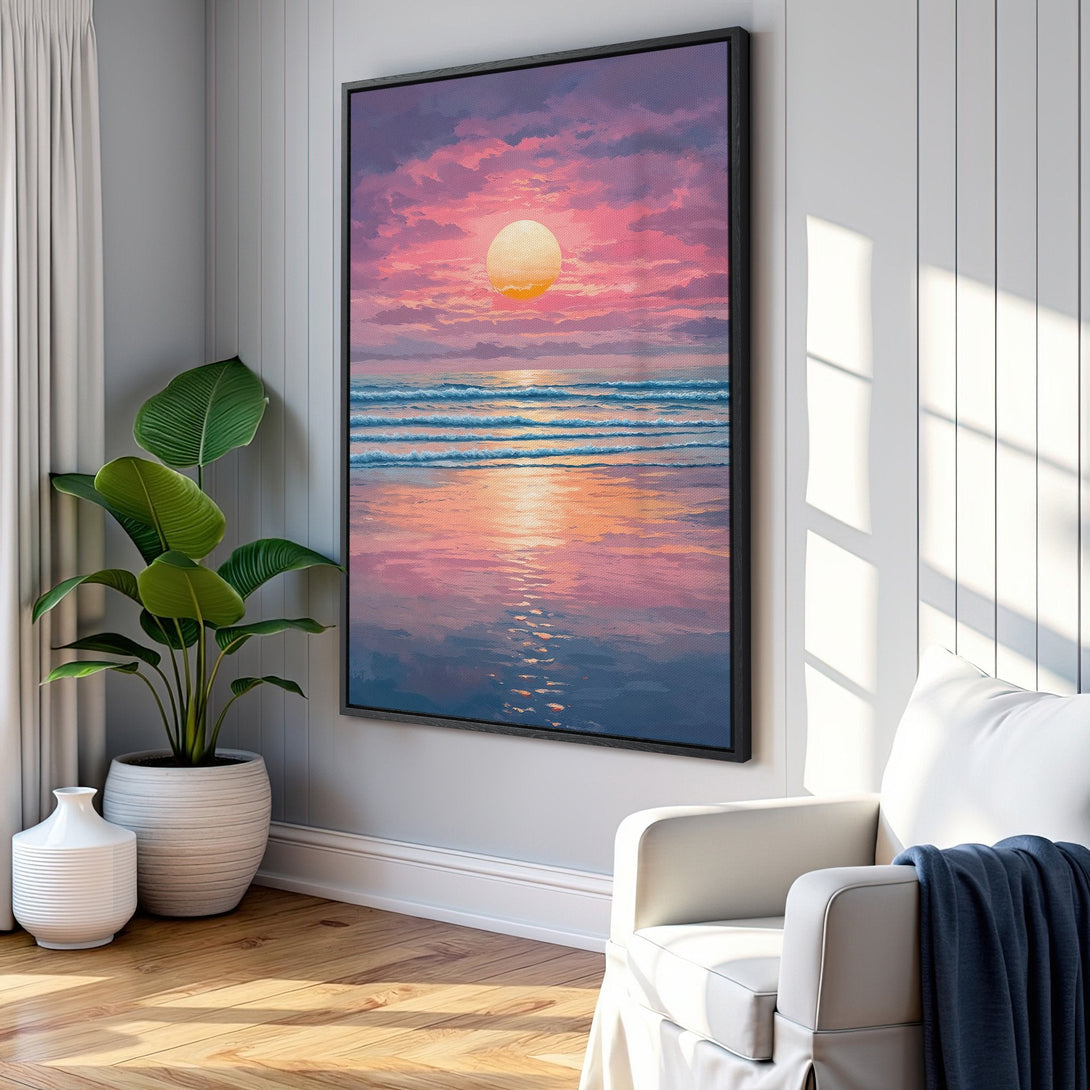 Framed Wall Art: Coastal sunset canvas print in a modern interior. Featuring a vibrant pink and orange color palette, this art adds a touch of serenity.