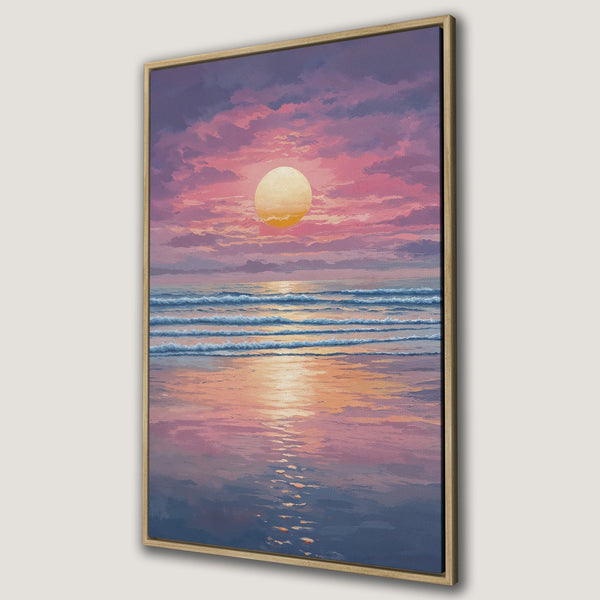 Canvas Print of a sunset beach scene in a warm pink, purple, and blue color palette. Coastal art in a wooden frame, perfect wall decor.