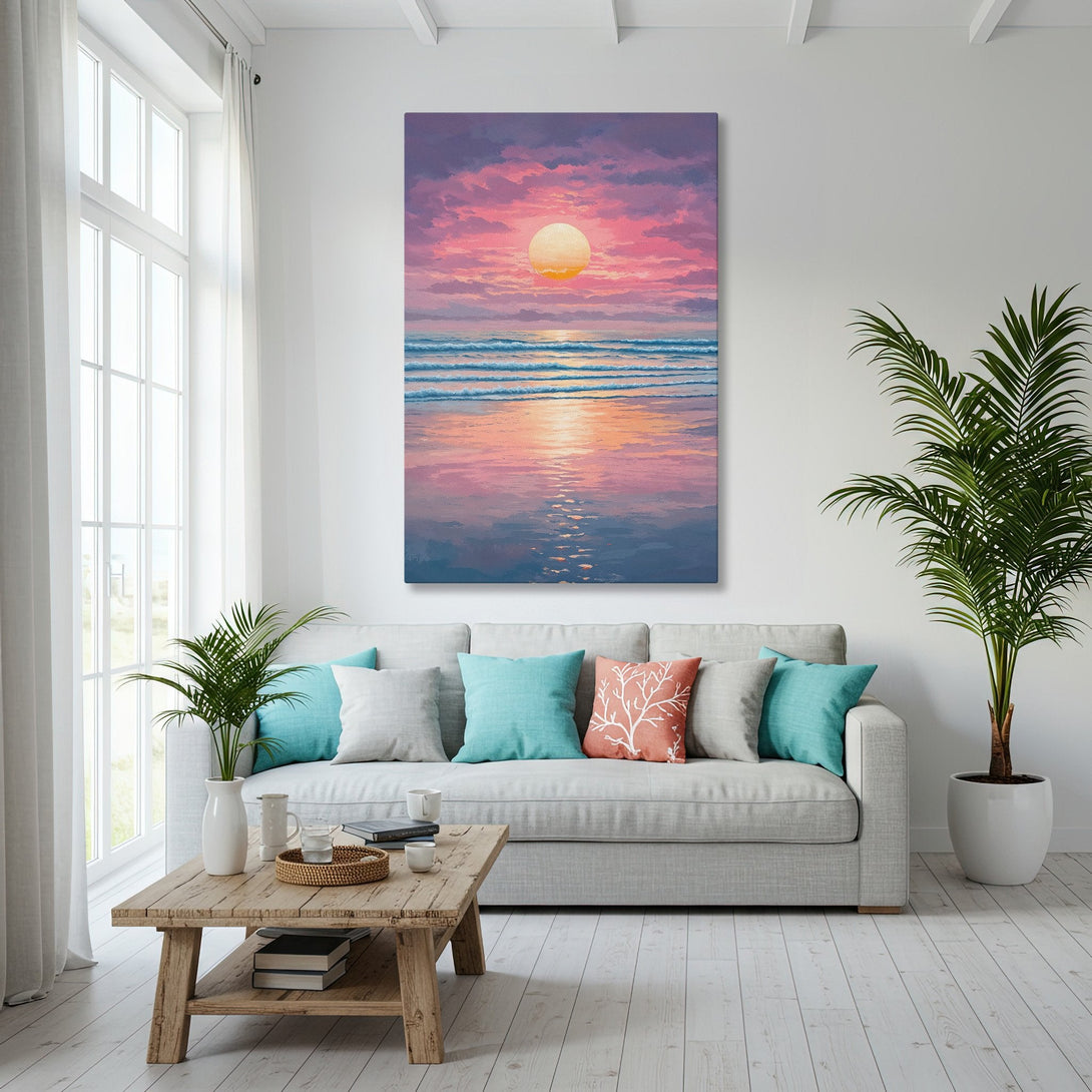 Framed Wall Art: Sunset beach scene in pink and blue tones. Coastal style Canvas Print adds a calming touch to any interior decor.