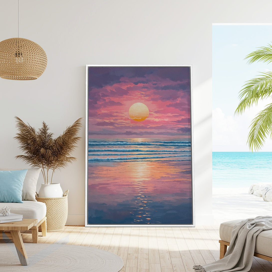 Framed Wall Art of a sunset over the ocean, painted in a dreamy style with pink, purple, and blue hues. Perfect for coastal decor.