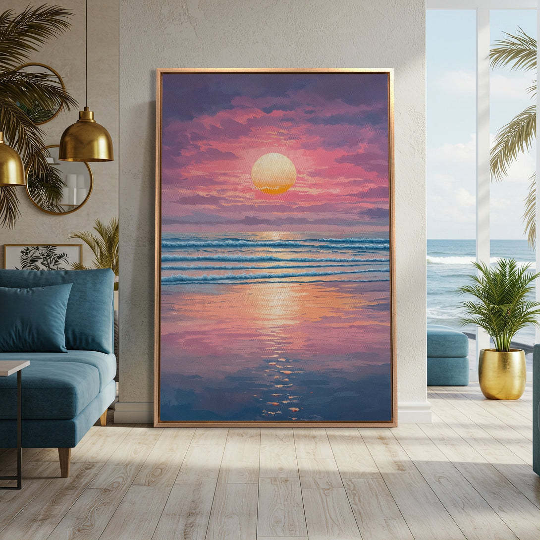 Framed Wall Art: Sunset over the ocean in a vibrant pink and orange palette. Coastal art style, perfect for adding warmth and serenity to any space.