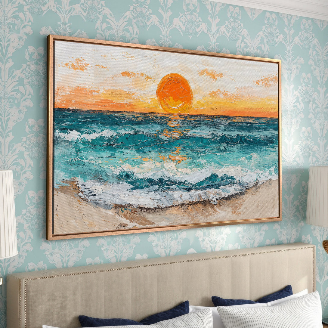 Framed Wall Art: Coastal sunset painting in teal, orange, and gold. Textured brushstrokes create a serene beach scene. Perfect for adding warmth to any room.