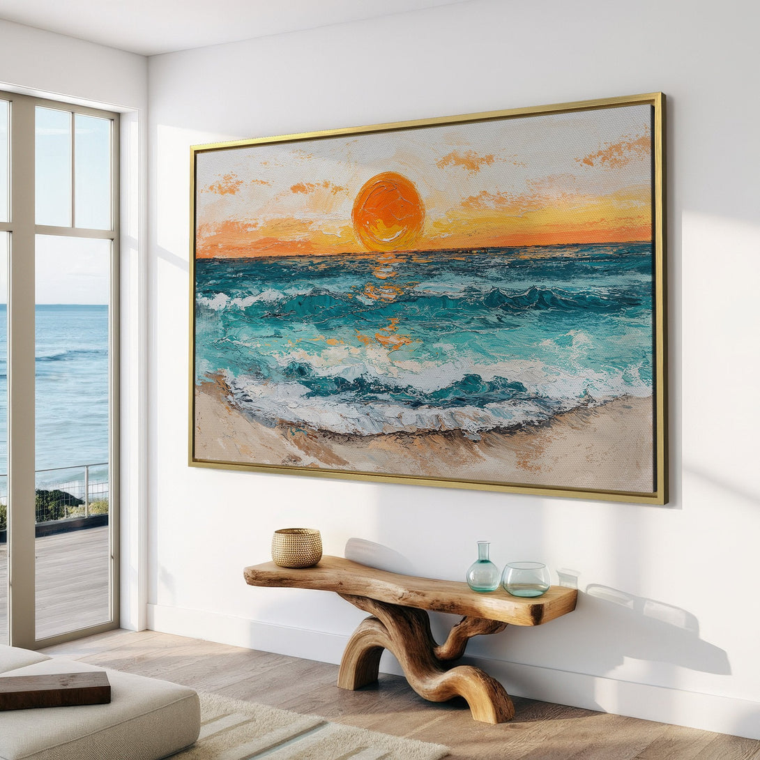 Coastal Canvas Print of a sunset over the ocean, in a modern interior. Features a warm orange and blue color palette, perfect for a serene living space.