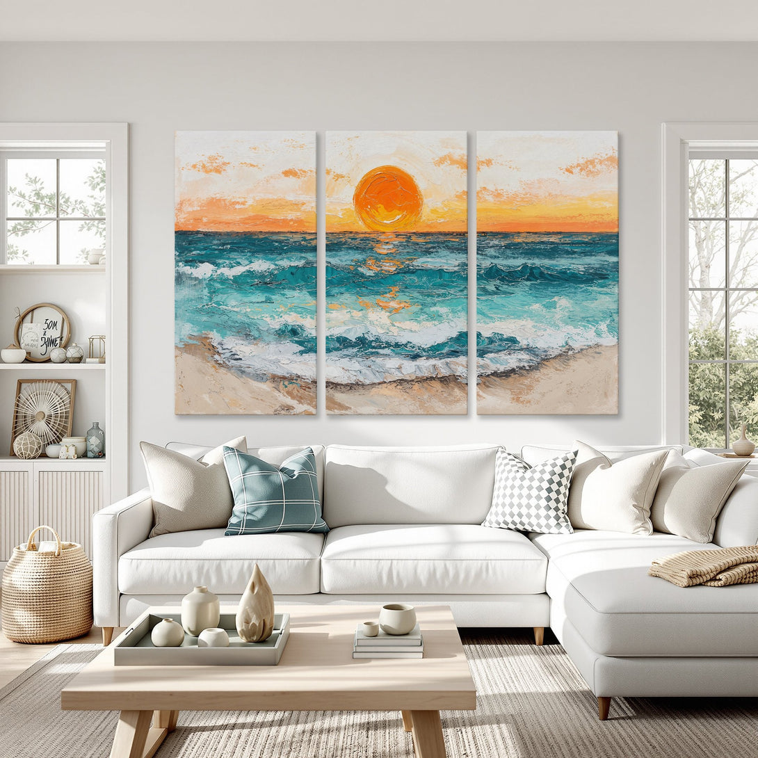 Canvas Print of a vibrant sunset over the ocean. Textured, impressionistic style with a warm orange, teal, and beige color palette. Perfect coastal art!