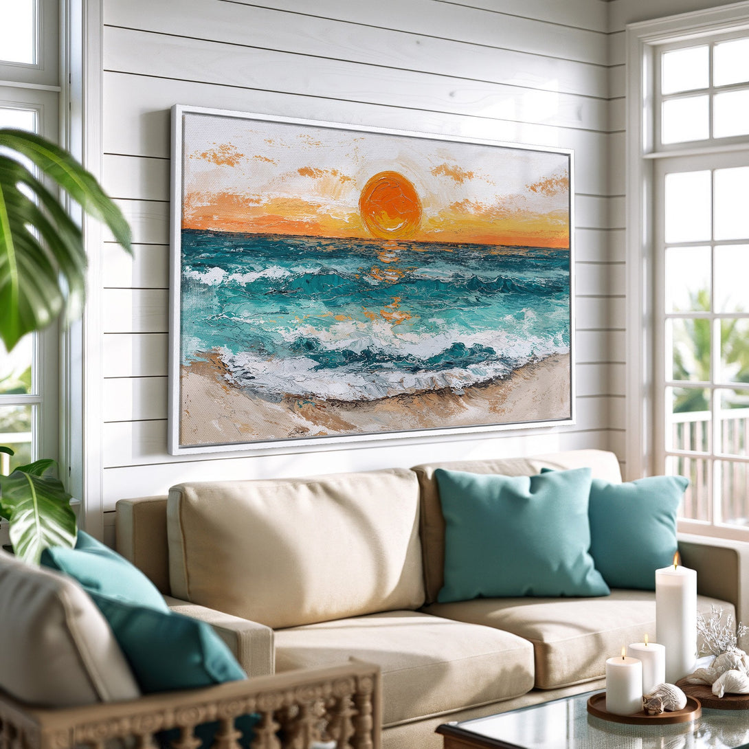 Framed Wall Art: Coastal sunset painting with vibrant teal and orange hues. Adds a touch of serene beach vibes to any room. Perfect for home decor!