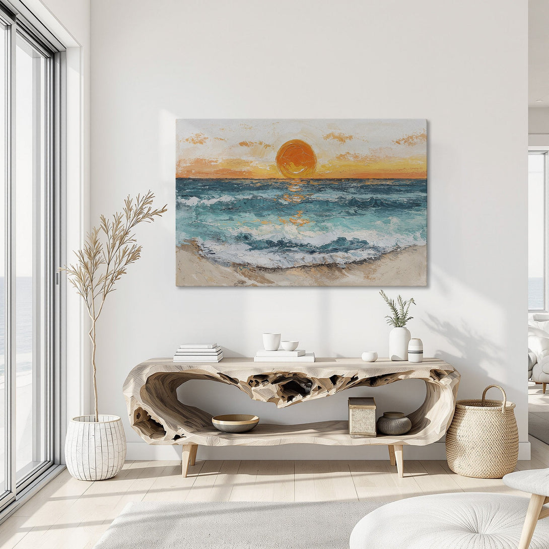 Framed Wall Art: Coastal sunset painting in warm orange, teal, and beige tones. Textured brushstrokes, perfect for beach house decor.