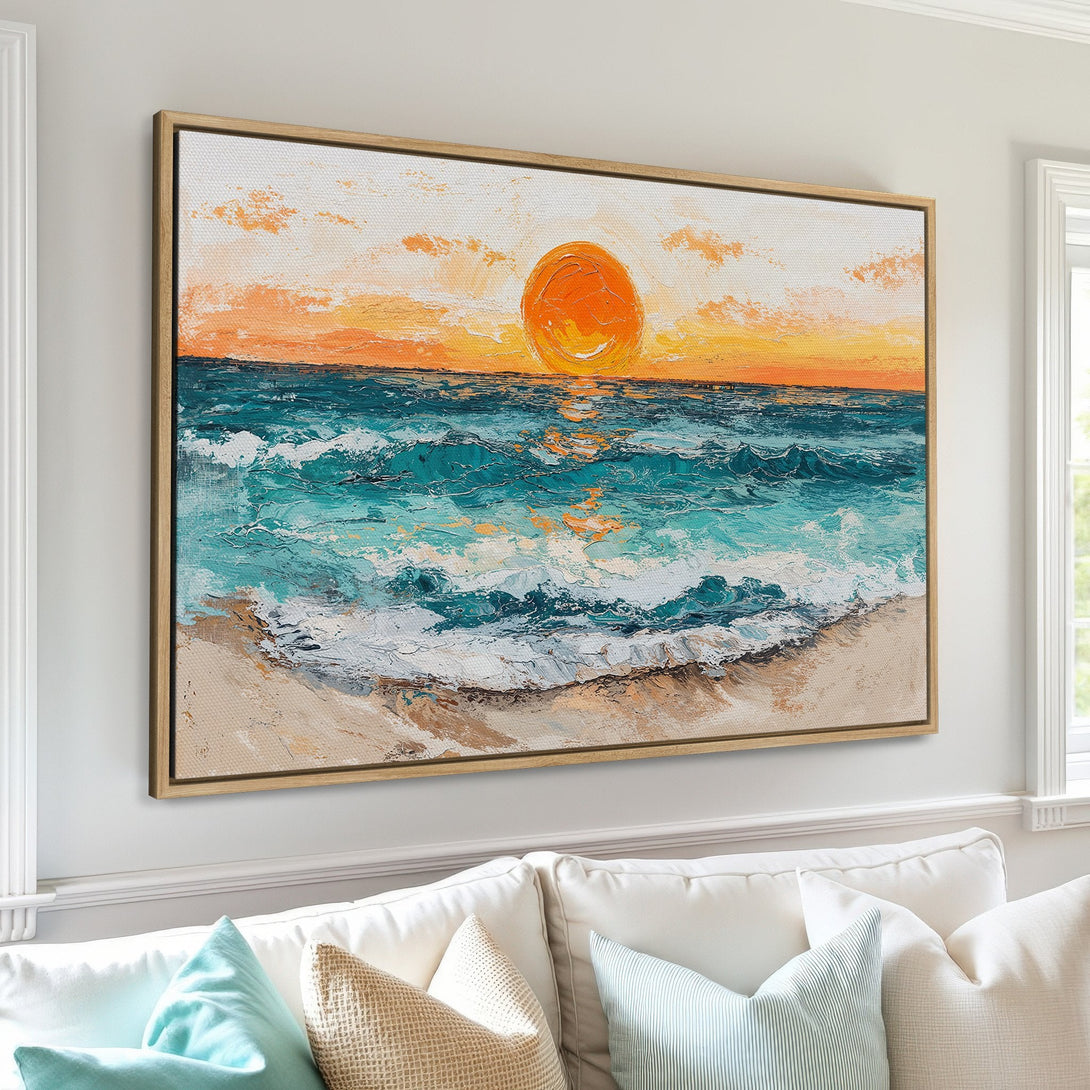 Framed Wall Art: Coastal sunset painting in vibrant orange and teal hues. Textured brushstrokes create a serene beach scene. Perfect for adding a touch of art to your home!