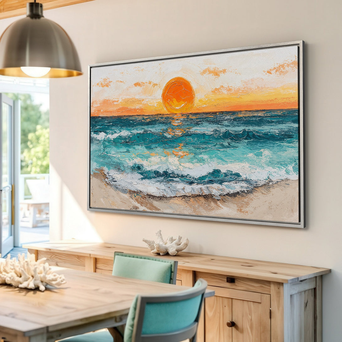 Framed Wall Art: Coastal sunset painting in vibrant orange, teal, and white hues. Textured, impressionistic style. Perfect for beach house decor.