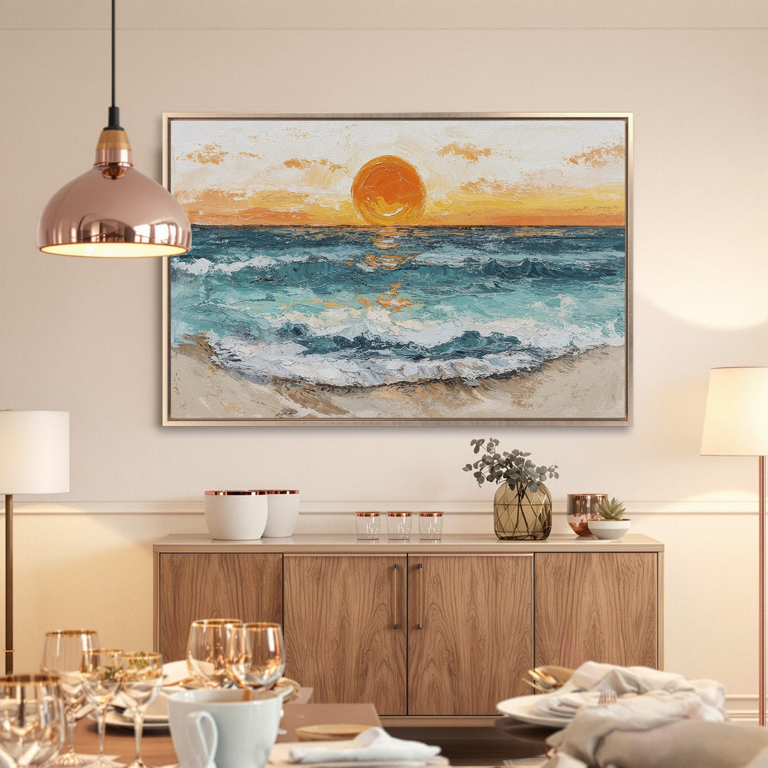 Framed Wall Art: Coastal sunset painting in warm orange and teal tones. Bring the beach vibes to your home with this textured art piece!