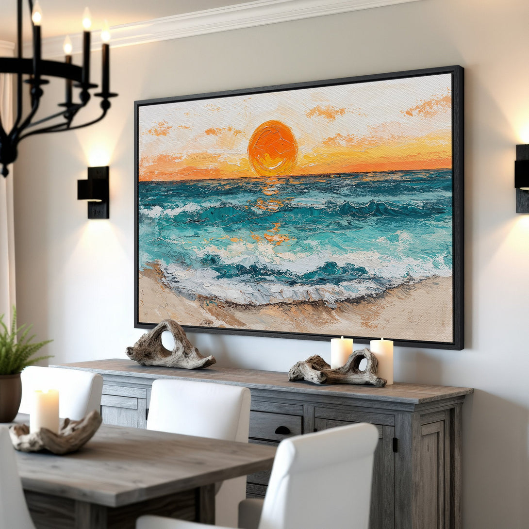 Framed Wall Art: Stunning sunset beach scene in vibrant orange, teal, and white. Textured, impressionistic style. Perfect coastal decor.