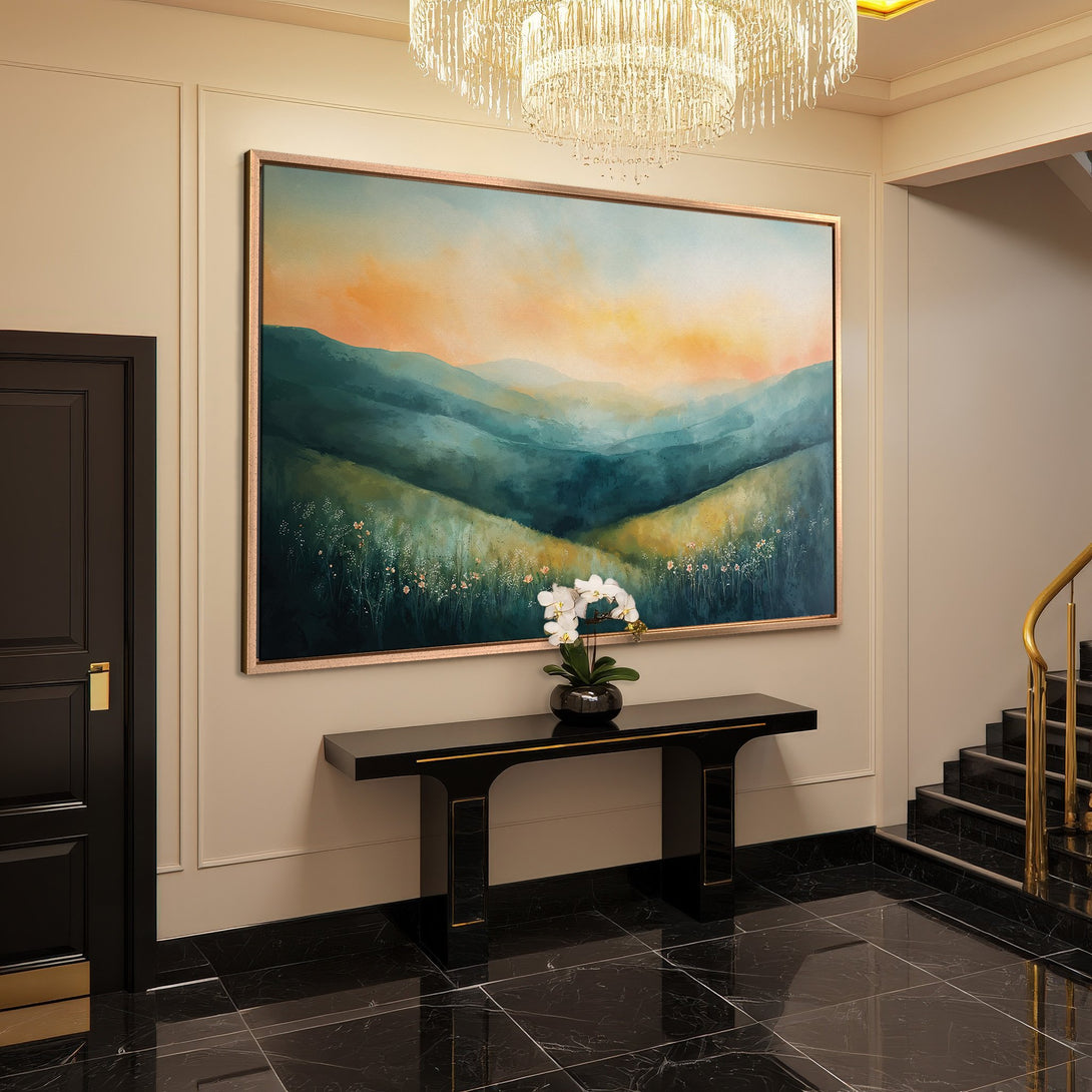 Framed Wall Art: Abstract landscape Canvas Print in teal, gold, and orange hues. Elevate your space with this stunning artwork.