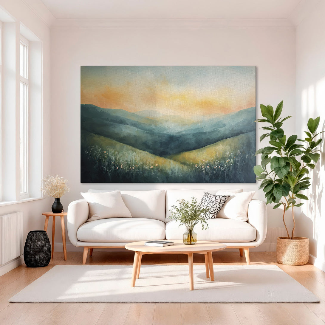 Framed Wall Art: Landscape Canvas Print with teal and gold hues. Elevate your space with this serene, modern artwork. Perfect for living rooms and bedrooms.