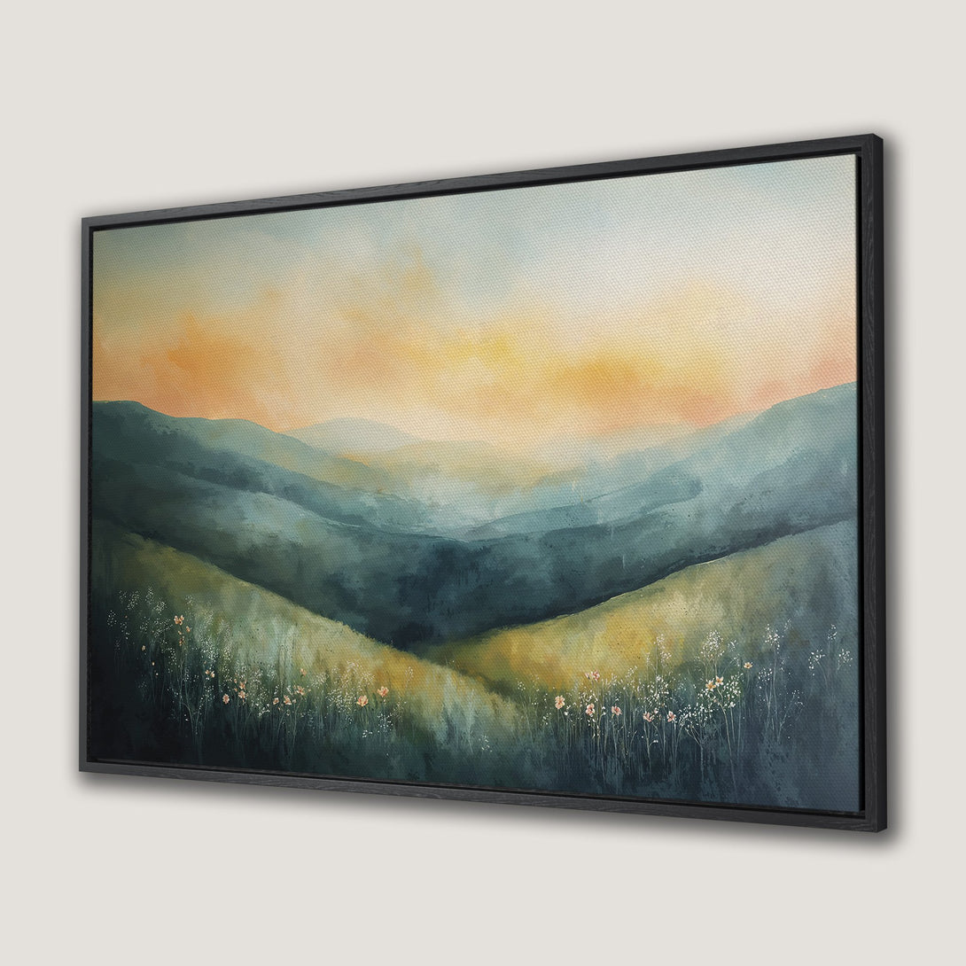 Framed Wall Art: Watercolor landscape Canvas Print featuring rolling hills in a serene palette of greens, blues, and warm sunset hues. Perfect for any decor!