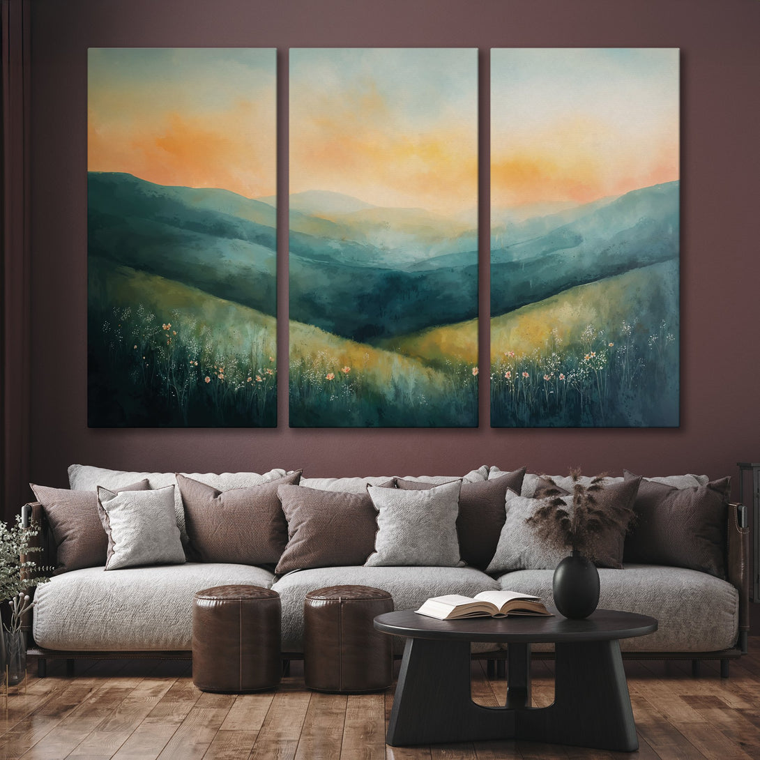 Canvas Print of a serene landscape painting with a watercolor style, featuring hills in teal and yellow hues, perfect for home decor.