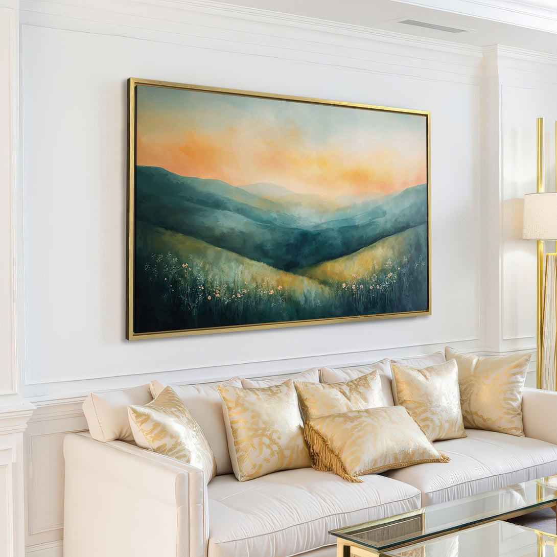 Canvas Print of a serene landscape painting in a modern living room. Features a blue, green, and yellow color palette, perfect for adding a touch of nature.