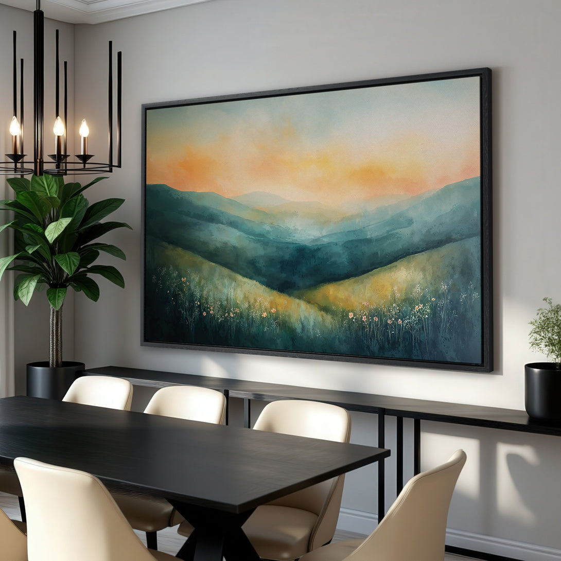 Framed Wall Art: Abstract landscape canvas print in a modern interior. Features a serene mountain scene with a teal, orange, and yellow color palette.